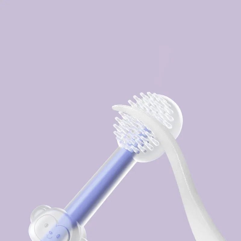 Pet toothbrush with dual silicone bristle heads in purple colour for dog and cat teeth cleaning