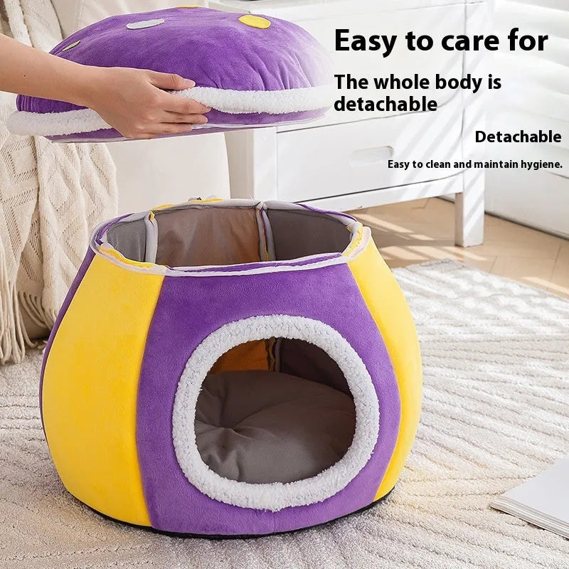 Mushroom cat nest in thermal rabbit plush with detachable cover in grey, pink or purple colours