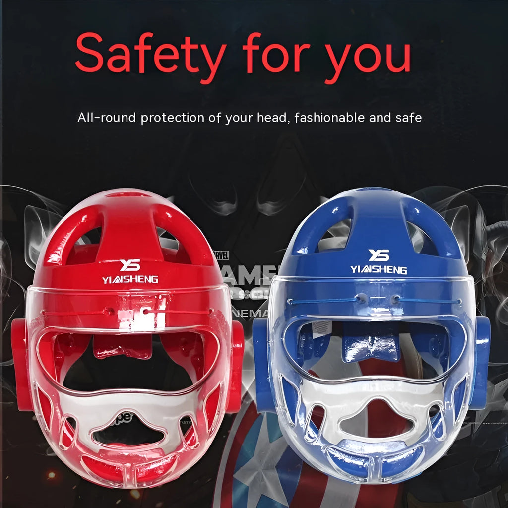 Karate helmet protective equipment for boxing training in white, blue, and red colours with multiple size options