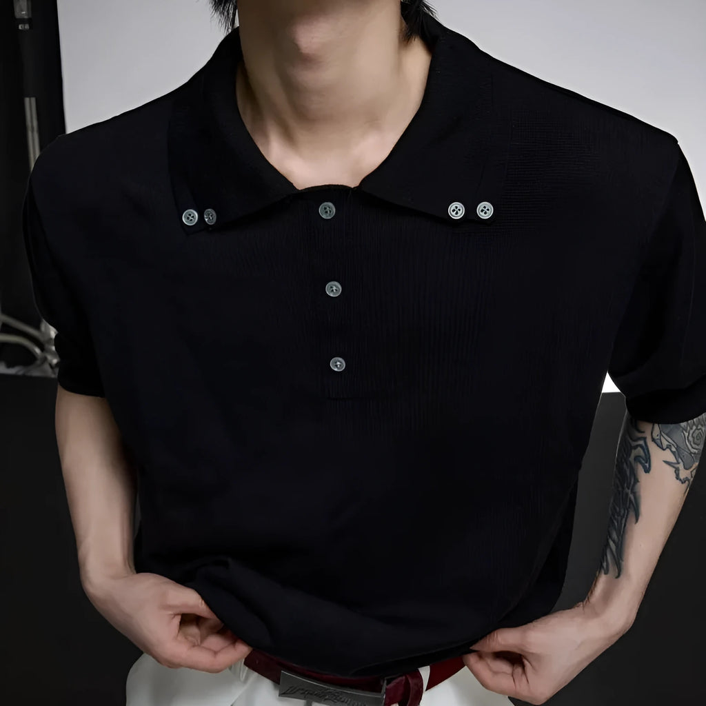 Men's slim fit knit short sleeve shirt with double collar design in black colour