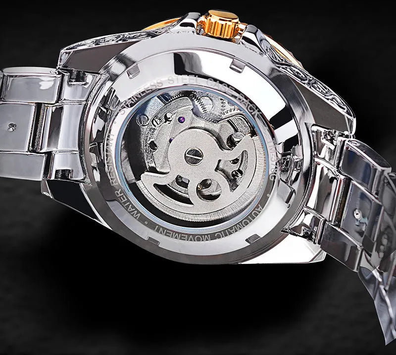 Forsining yellow gold tone skeleton tourbillon mechanical watch with automatic movement