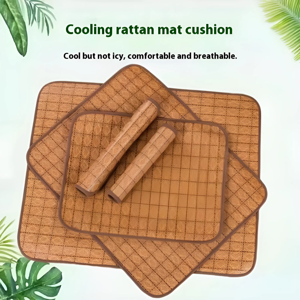 Brown rattan fibre cooling mat for dogs in large size, laid flat on a wooden floor.