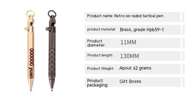 Brass hexagonal retro bolt pen with a 0.5mm tip shown next to a refill.