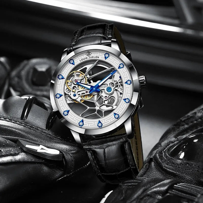 Men's silver stainless steel mechanical watch with black leather strap and white dial