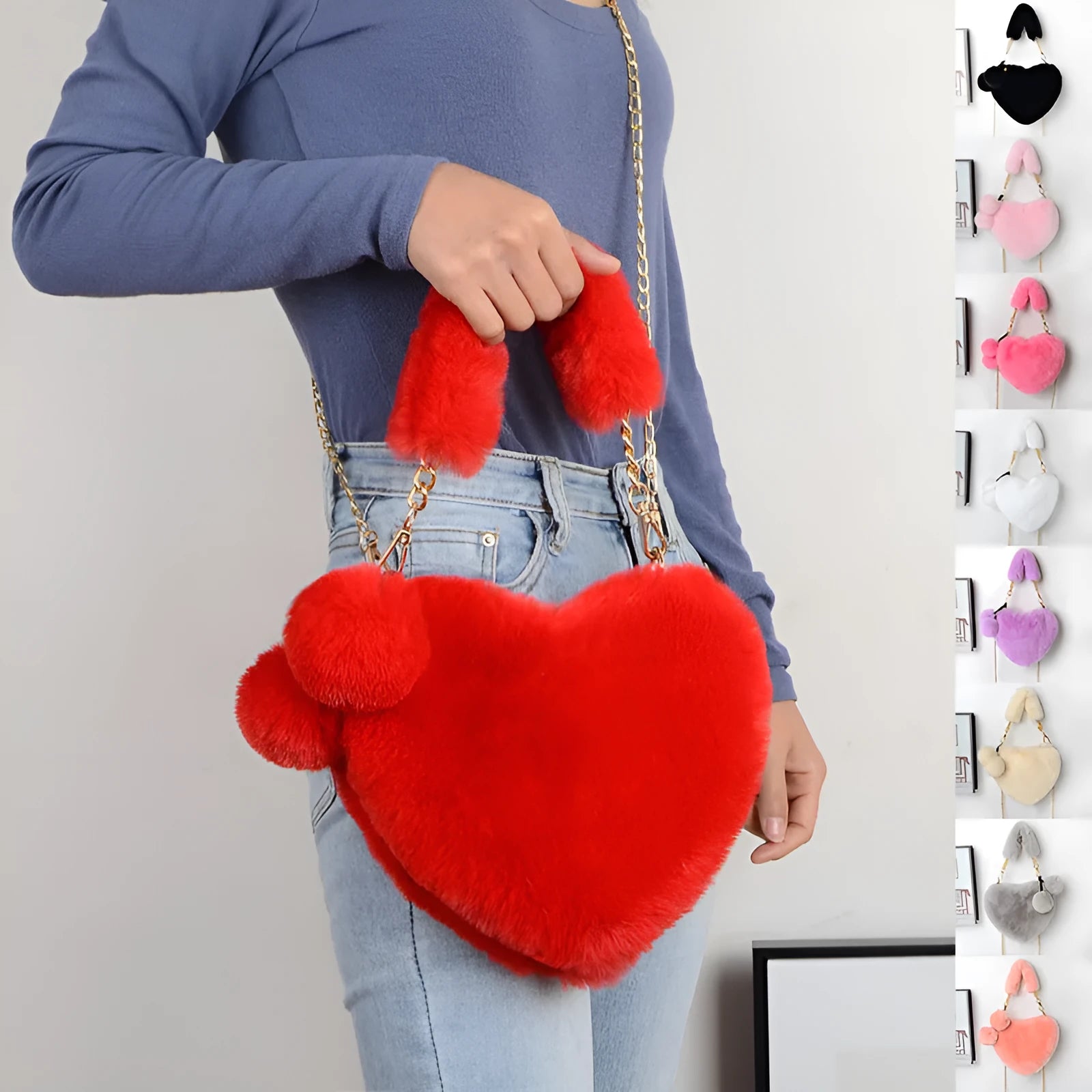 Heart-shaped plush women's handbag with single shoulder strap in Valentine's Day style