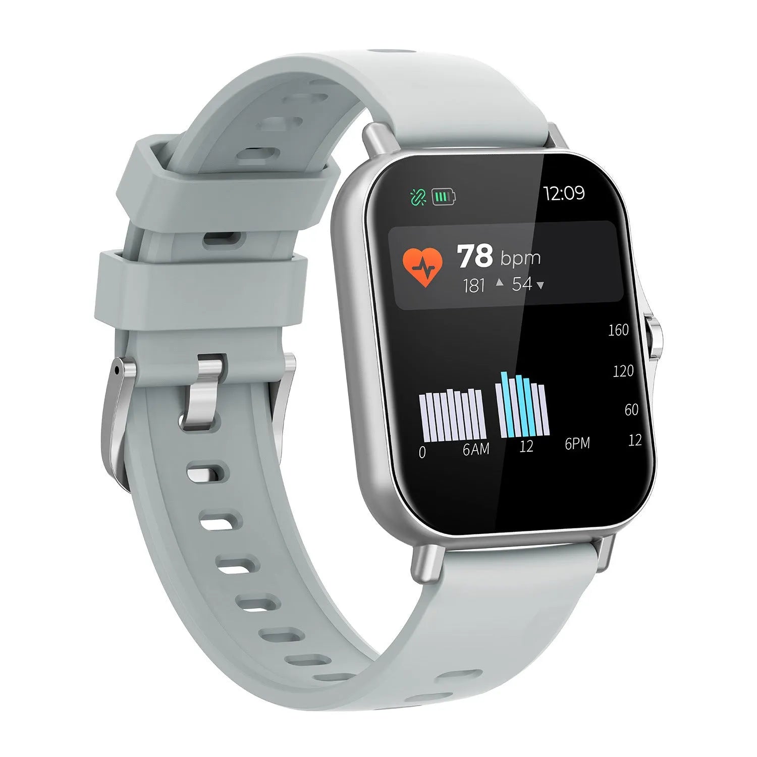 W10 smart watch displaying heart rate and blood pressure metrics on 1.75-inch curved touch screen