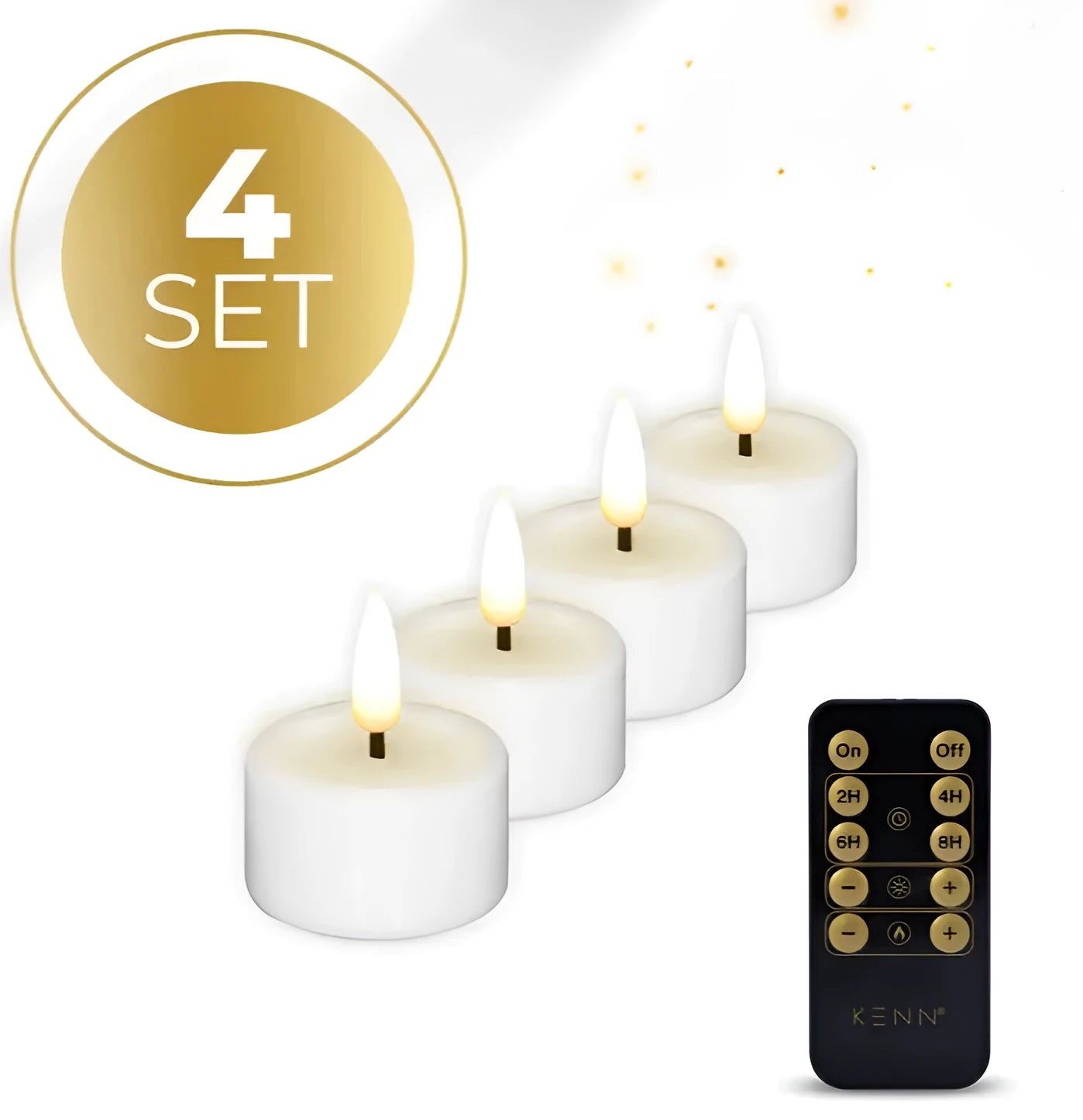 Four white S4 LED flameless tealight candles with flickering yellow flame effect