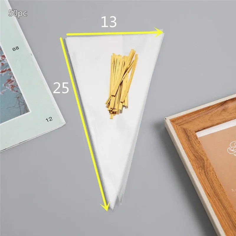 Clear triangular plastic packaging bag with a white tie wire closure, shown in three different sizes.