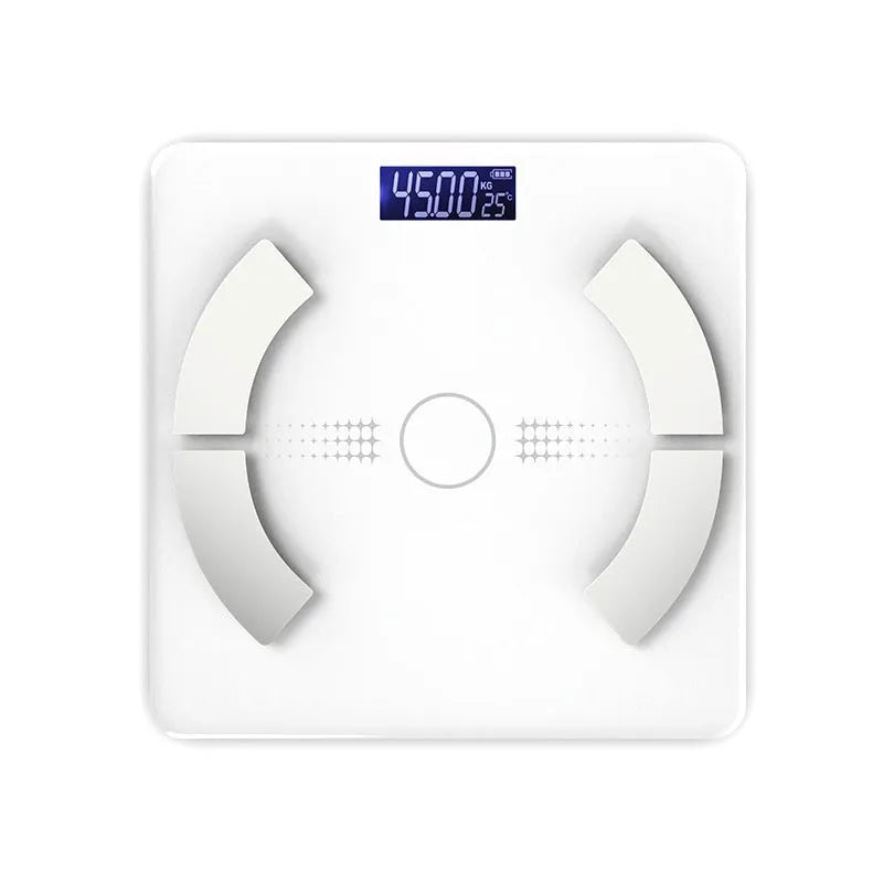 Smart Bluetooth rechargeable body fat scale in white, black or pink colours