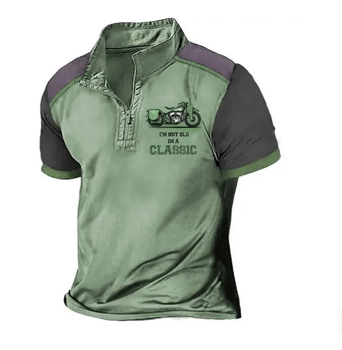 Loose-fit golf polo shirt with 3D digital print design in solid colour.
