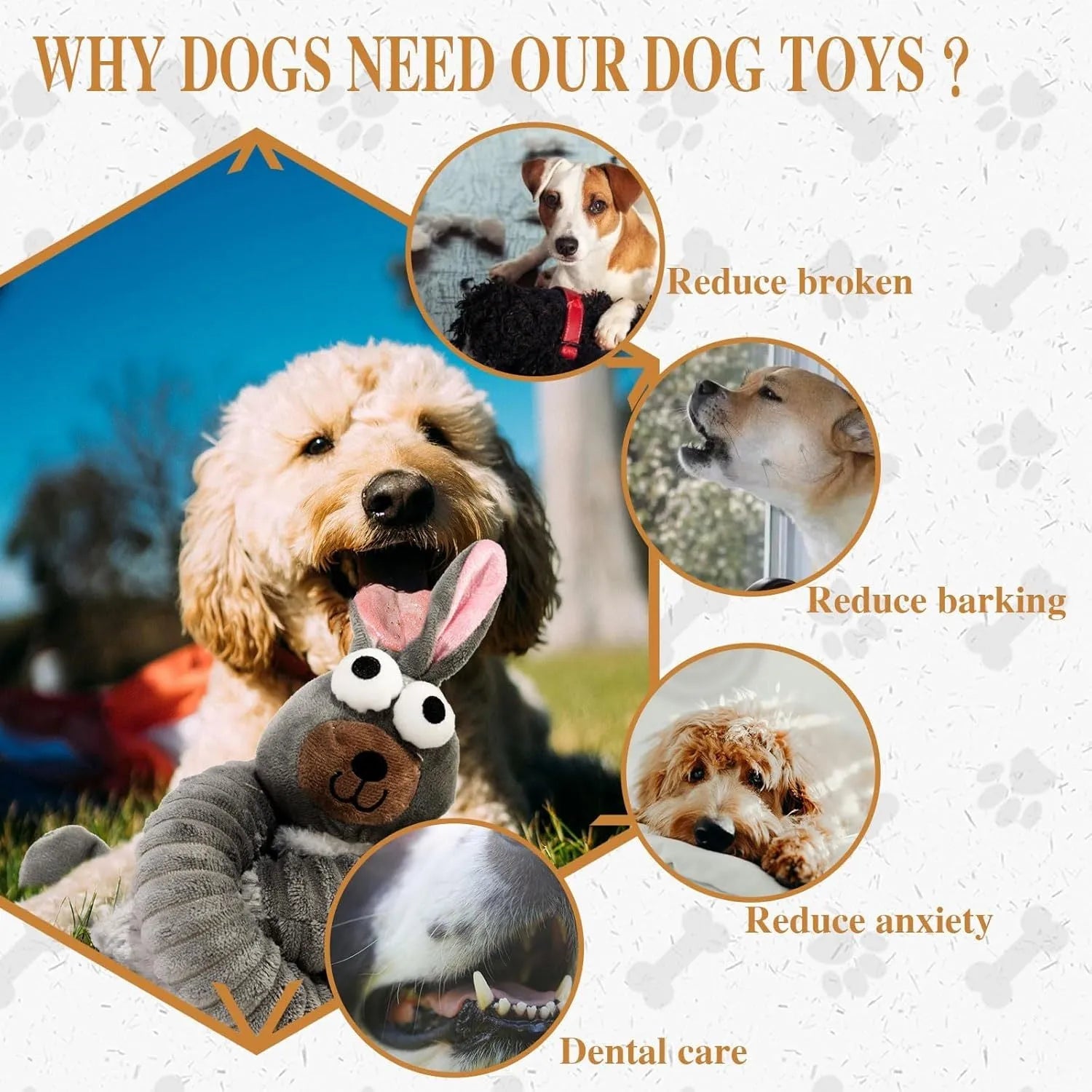 Brown, grey, and yellow plush dog toys with a foldable design and crinkle sound features.
