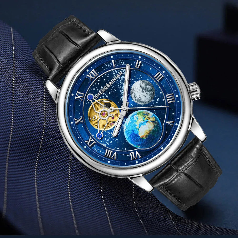 Men's mechanical watch with luminous earth starry dial, silver blue, 43mm metal case