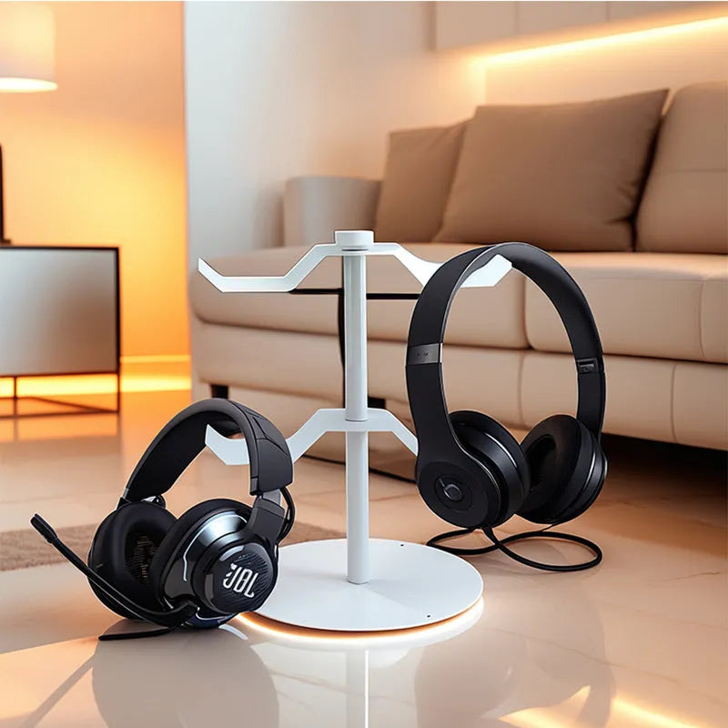 Metal e-sports headphone bracket in black with two layers on a gaming desk holding headphones