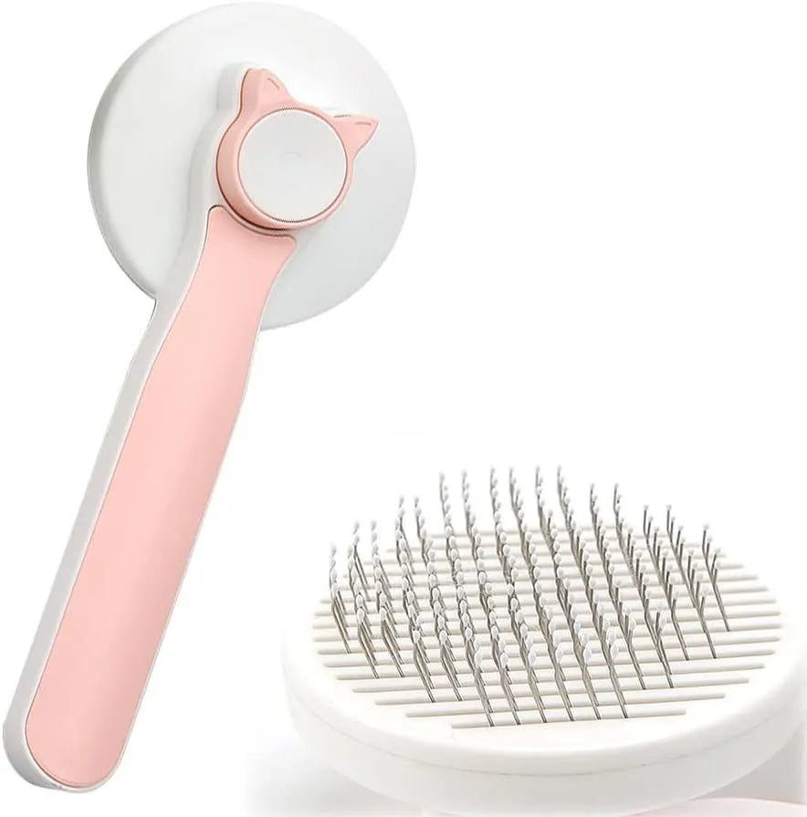 Self-cleaning cat brush with one-touch button for fur removal, available in blue grey pink colours