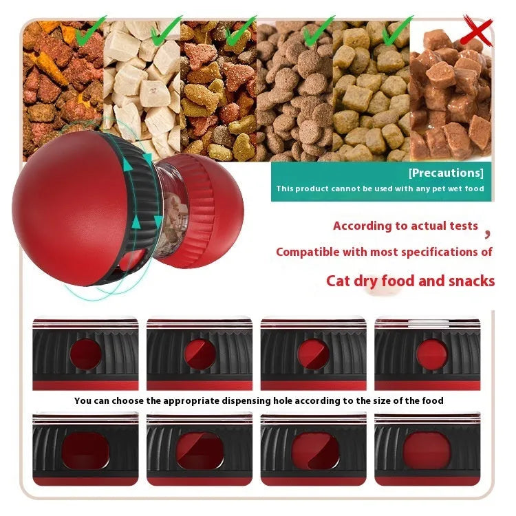 Rotating cat food dropping ball toy with toy cat design and super ball colour option