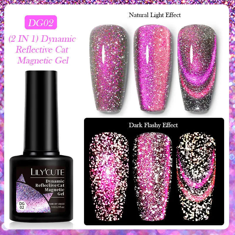 Cat eye nail polish gel bottles showing six colour options with diamond glitter fragments