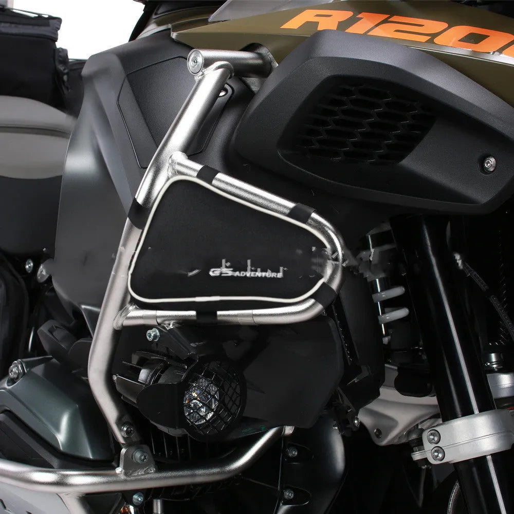 Black waterproof cloth motorcycle frame crash bar storage bag measuring 15cm by 10cm by 10cm