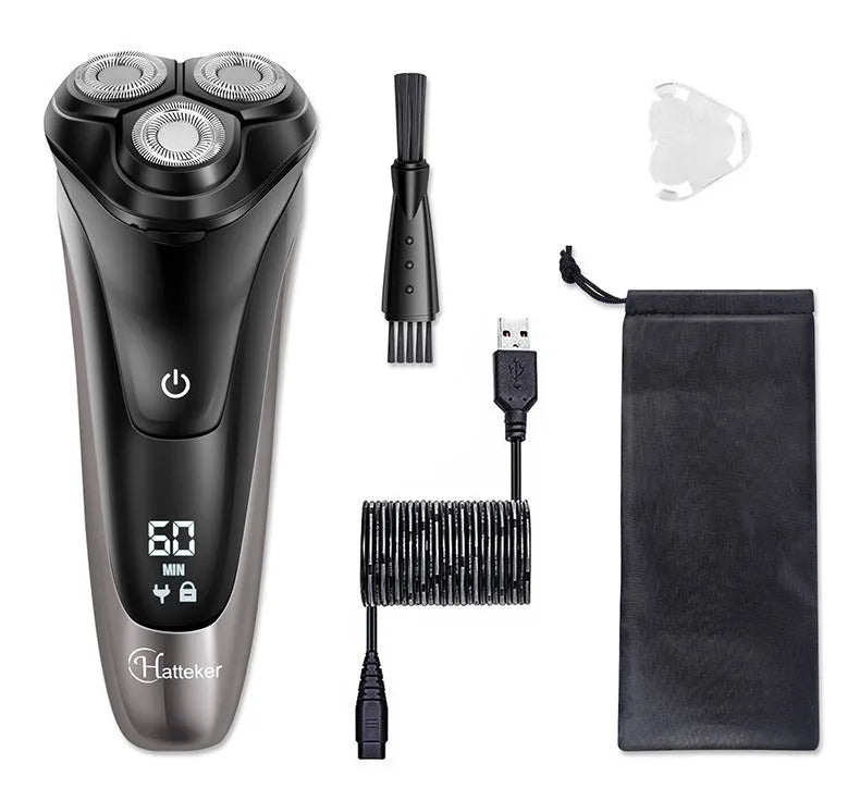 Men's electric shaver with three rotating floating heads and LED display shown with USB cable and grooming accessories.
