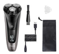 Men's electric shaver with three rotating floating heads and LED display shown with USB cable and grooming accessories.
