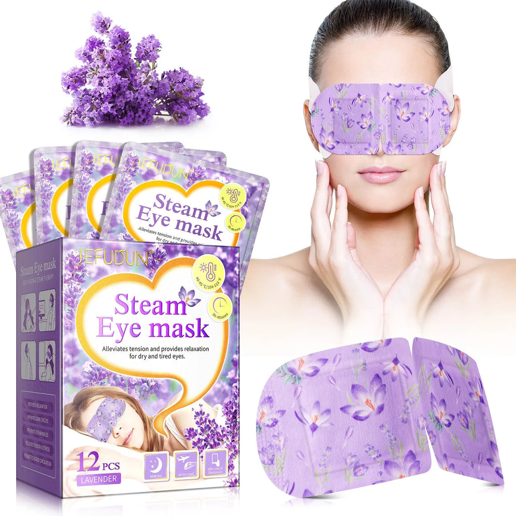 Disposable lavender scented steam eye mask in packaging, 12 pack, non-woven fabric for relaxation.