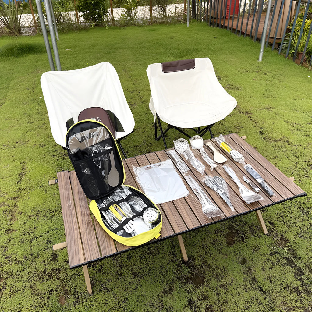 12-piece stainless steel camping kitchenware set in portable storage bag for outdoor cooking