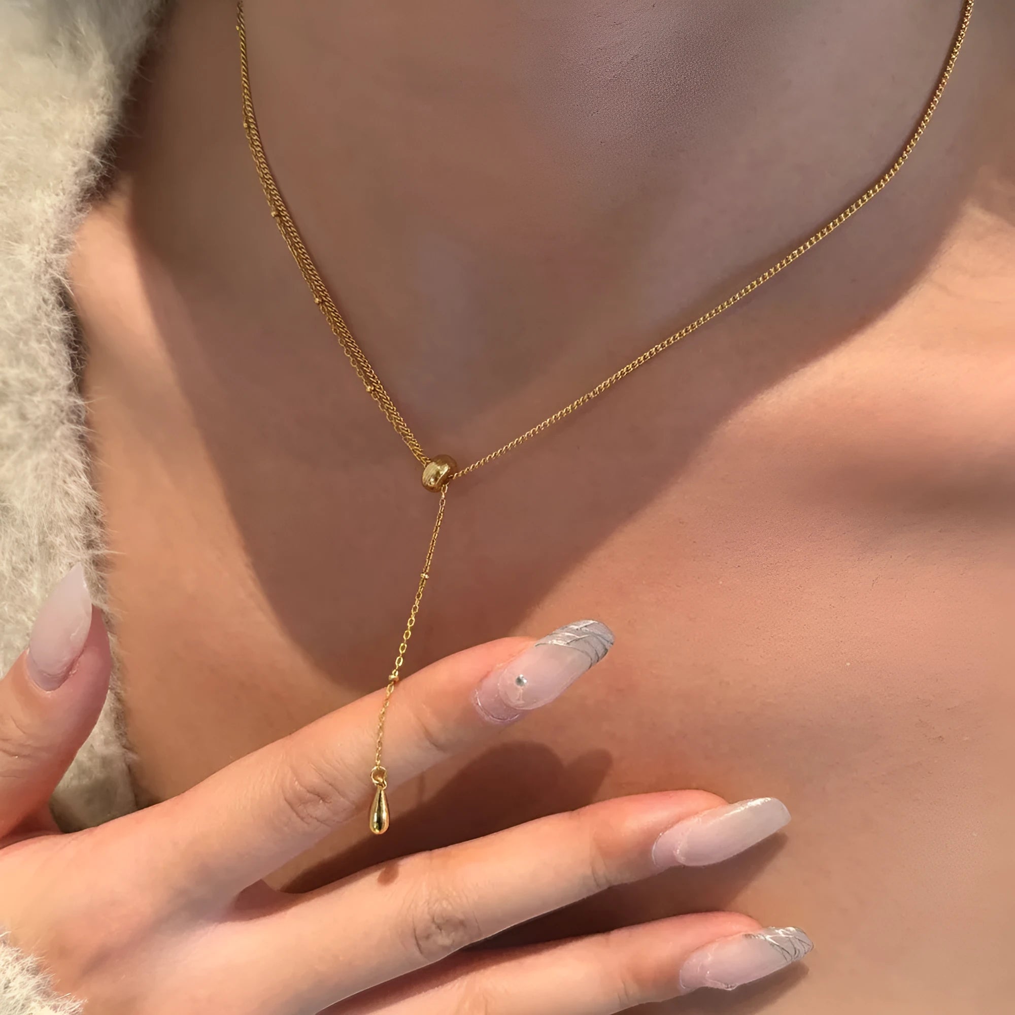 Gold 925 sterling silver double-layer clavicle chain necklace with water droplet motif