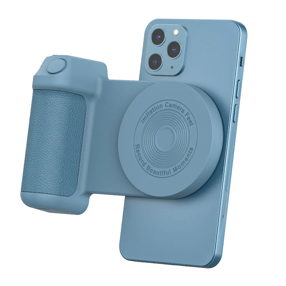 Black magnetic phone camera handle with rotatable design and PU leather grip on wooden table