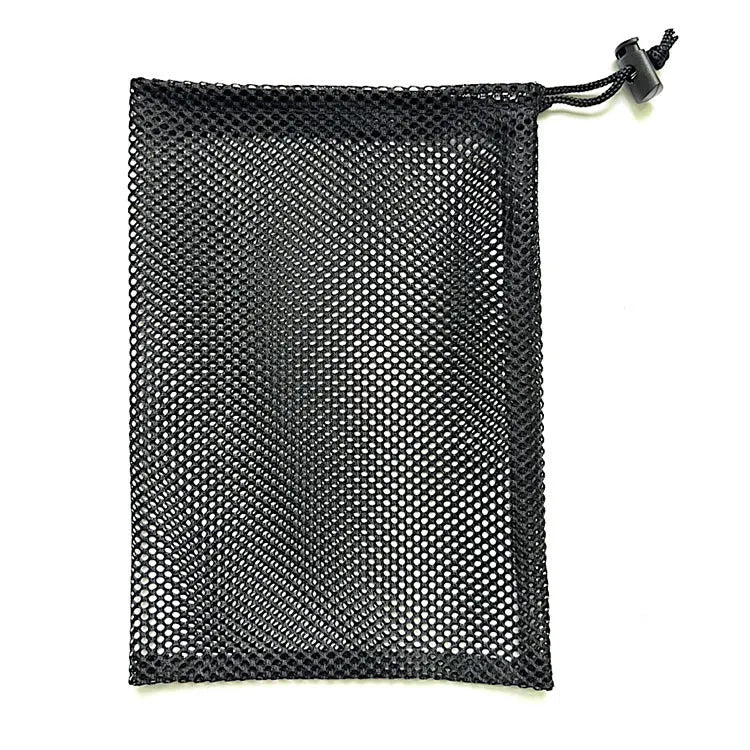 Black mesh drawstring storage bag for water ball toys, shown in three size options.