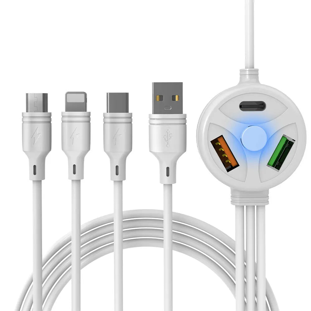 PDPVC mobile phone charging cable with 3U interface showing USB, Mini USB, Micro USB and TYPE-C connections