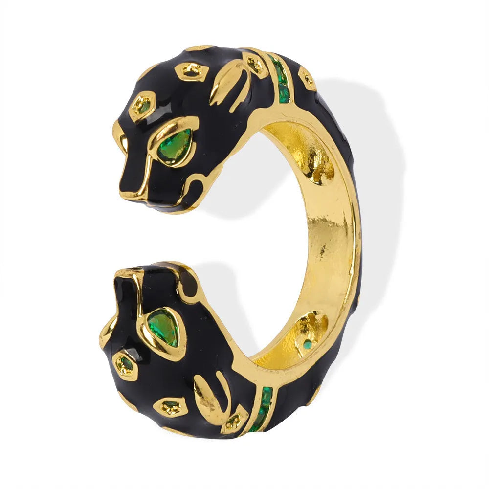 Copper women's open ring with black cheetah pattern geometric design size No.7