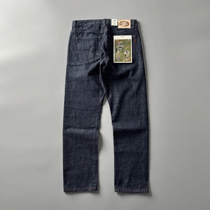 Men's primary colour straight leg jeans in American retro style on a hanger