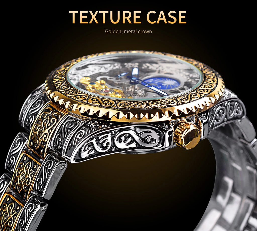 Forsining yellow gold tone skeleton tourbillon mechanical watch with automatic movement