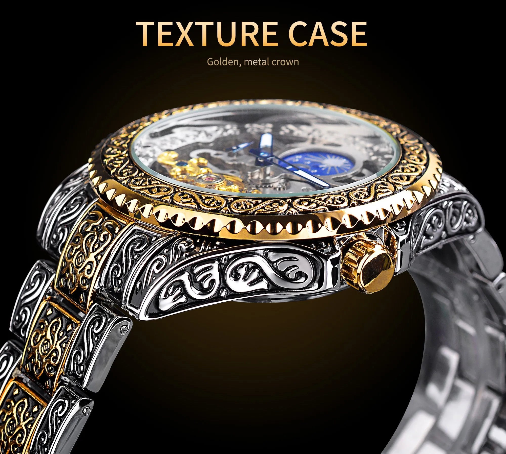 Forsining yellow gold tone skeleton tourbillon mechanical watch with automatic movement