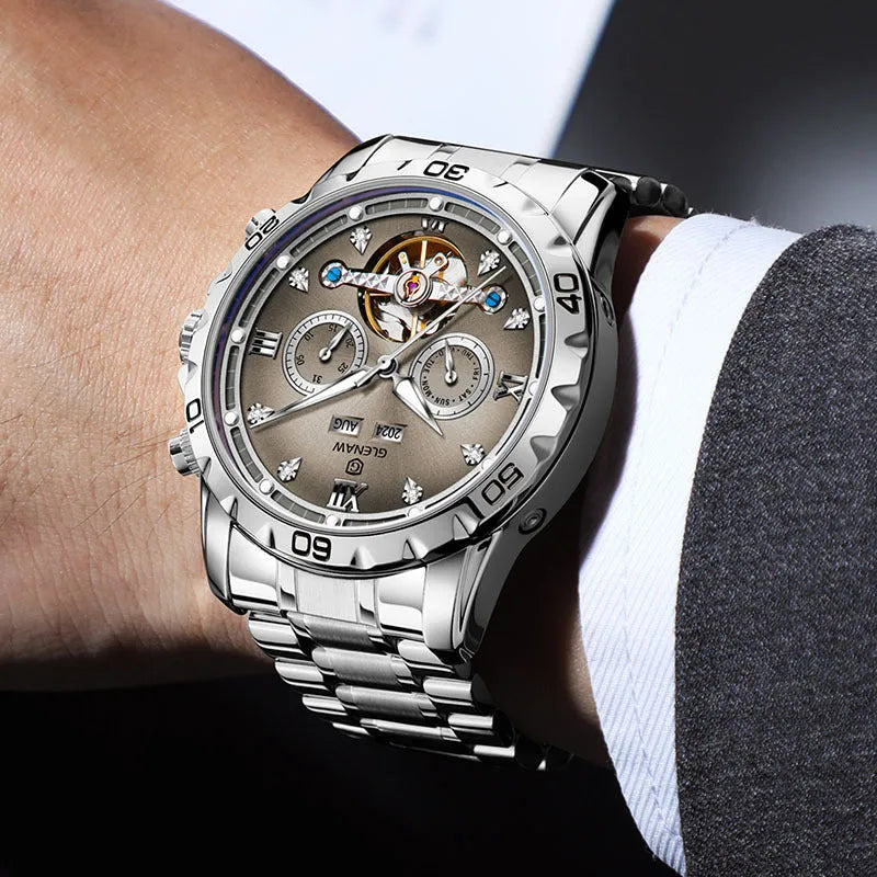Men's automatic mechanical watch with stainless steel strap and metal case in business style