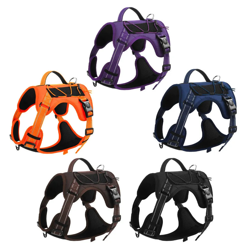 Reflective dog harness and lead set with hand-holding rope in multiple colour options