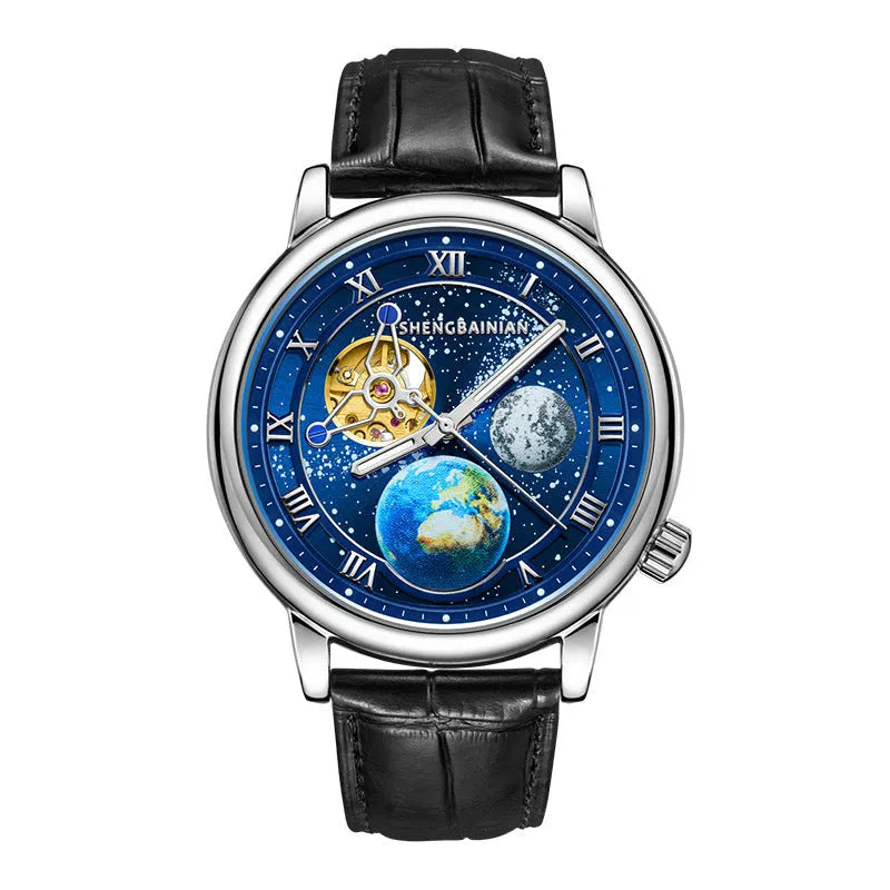 Men's mechanical watch with luminous earth starry dial, silver blue, 43mm metal case