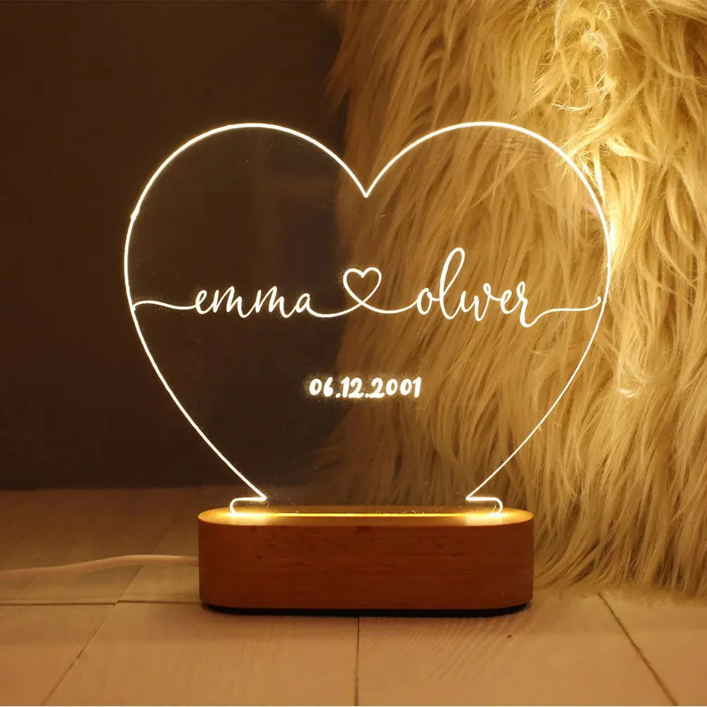 Custom LED night light with engraved names and date on transparent acrylic panel
