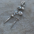 Geometric antique silver earrings with long rhinestone XINGX pendant drop design