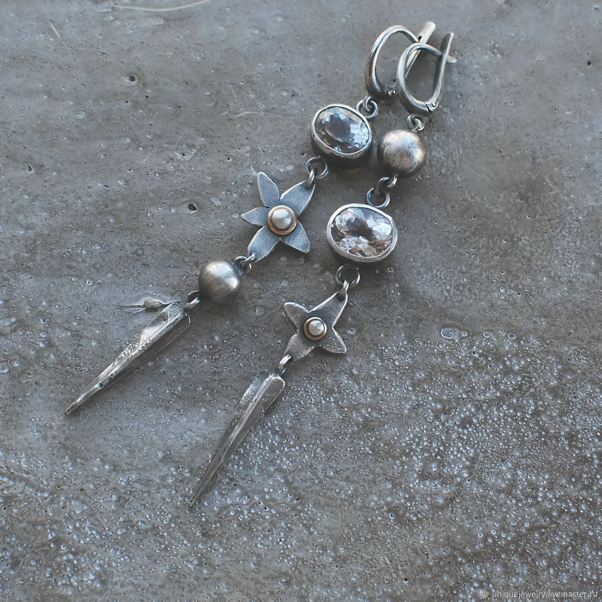 Geometric antique silver earrings with long rhinestone XINGX pendant drop design