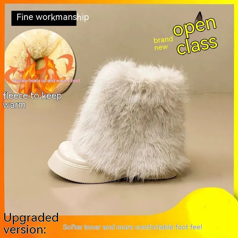 Women's black artificial plush snow boots with a low-top design and a waterproof rubber platform sole.