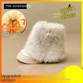 Women's black artificial plush snow boots with a low-top design and a waterproof rubber platform sole.