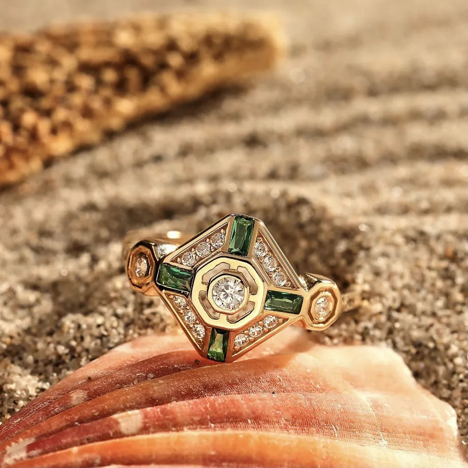 Square geometric women's ring with lvzuan coloured gem stone and electroplated metal finish