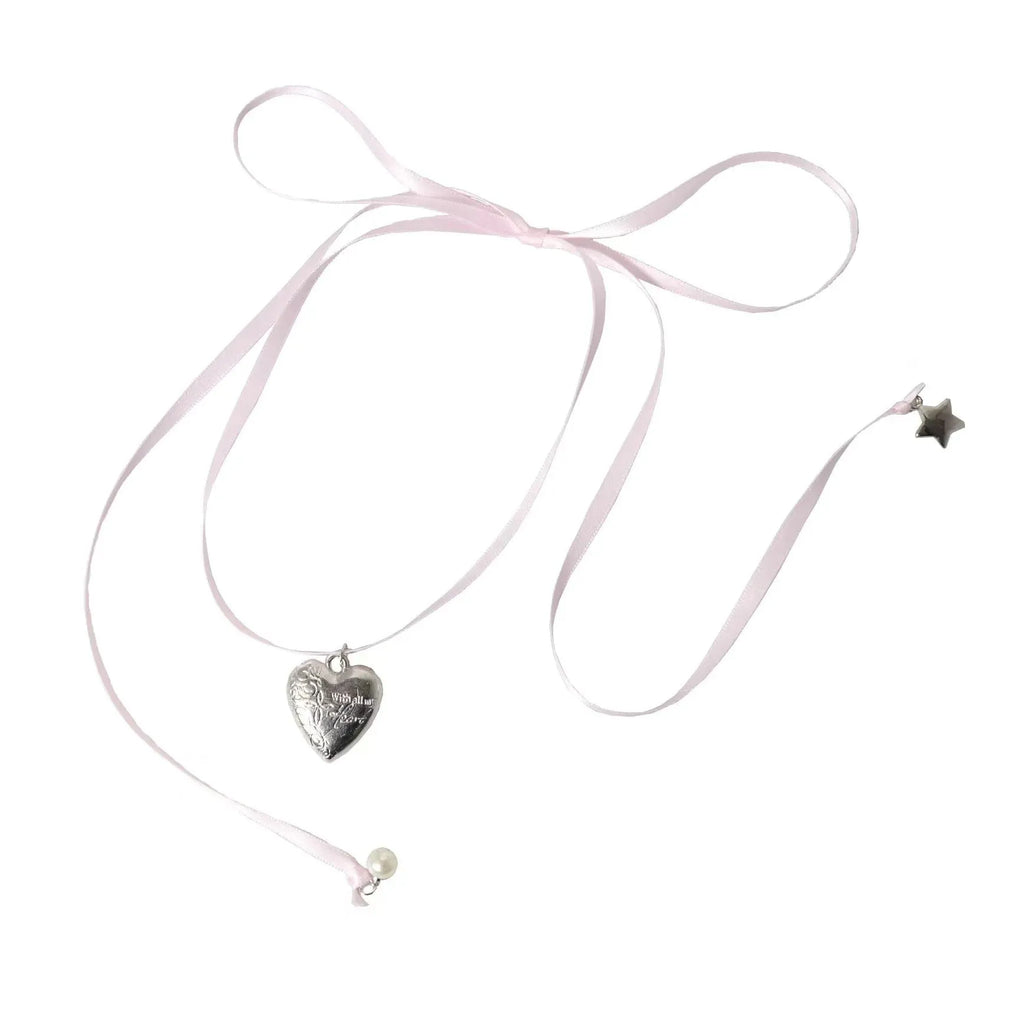 Women's alloy fashion necklace with love pendant and ribbon design in electroplated finish