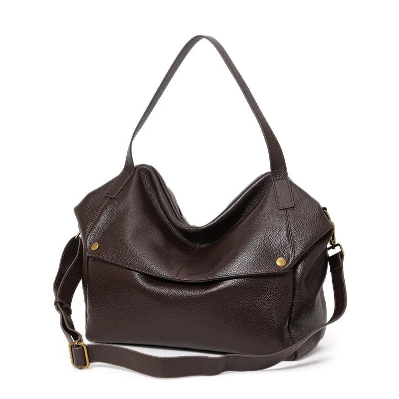 Brown genuine leather women's shoulder bag with horizontal square shape and zippered compartment