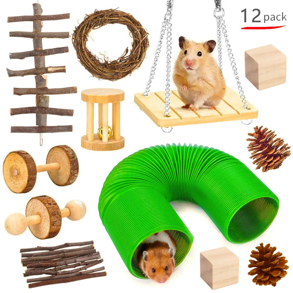 Wooden pet chewing toy set for rabbits guinea pigs parrots with multiple wooden components