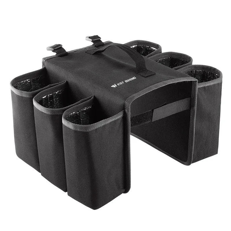 Black and orange bicycle double-sided drink shelf bag mounted on bike rack with 2 litre capacity