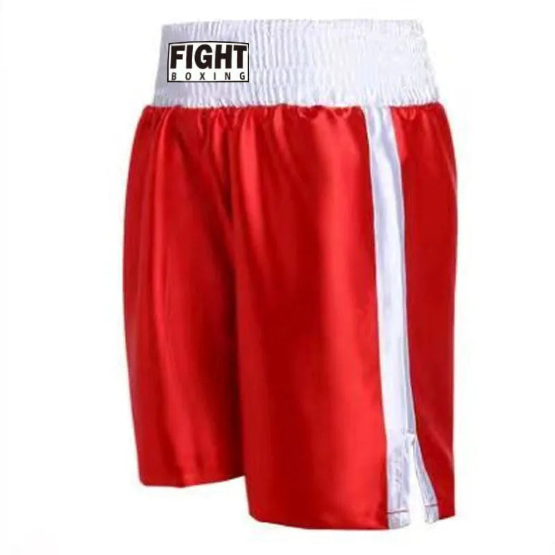 Black and white striped boxing shorts with elastic waistband and side slits for kickboxing training.