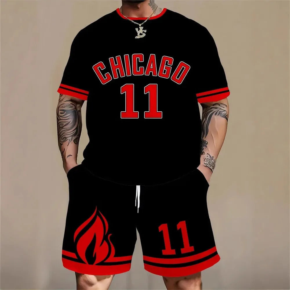 Men's 3D printed letter suit set with short sleeves and matching shorts in various colours