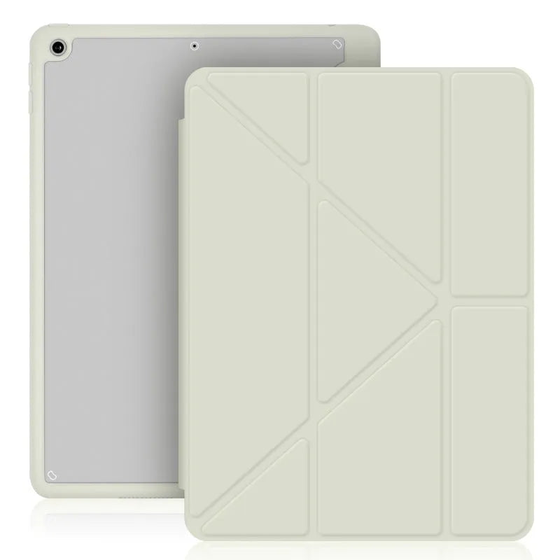 Slim imitation leather iPad case in dark grey with Y-fold bracket open and Apple Pencil in built-in slot.