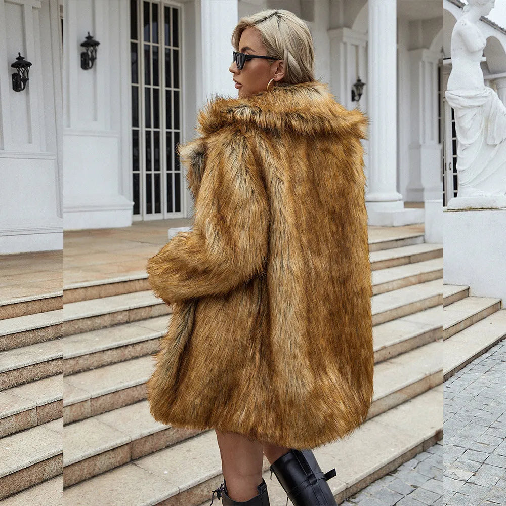 Yellow loose-fitting women's faux fur coat with regular sleeves on a model